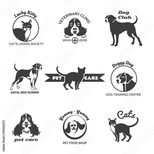 Pet club, dog center, veterinary clinic logos, emblems and badges vector set