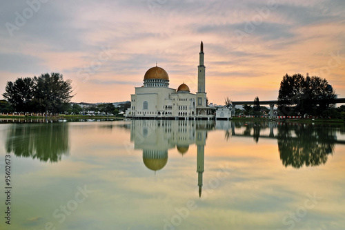 Beautiful view of As-Salam Mosque Puchong Perdana, Malaysia during sunrise. 
