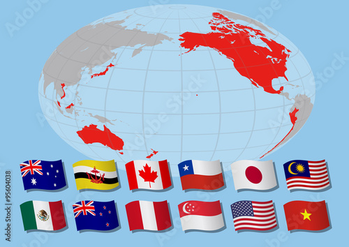 TPP(Trans pacific partnership) and Negotiating countrie's flags, vector illustration