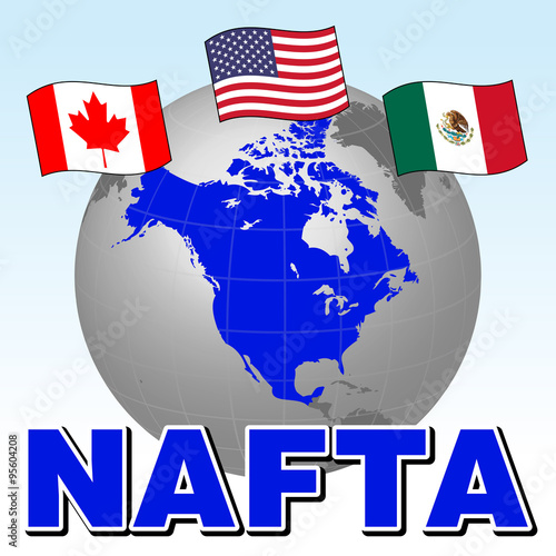 NAFTA (North American Free Trade Agreement) and national flags of Canada, Mexico, USA, vector illustration