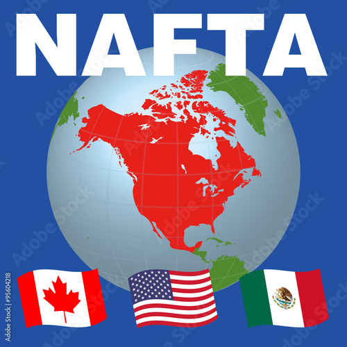 NAFTA (North American Free Trade Agreement) and national flags of Canada, Mexico, USA, vector illustration