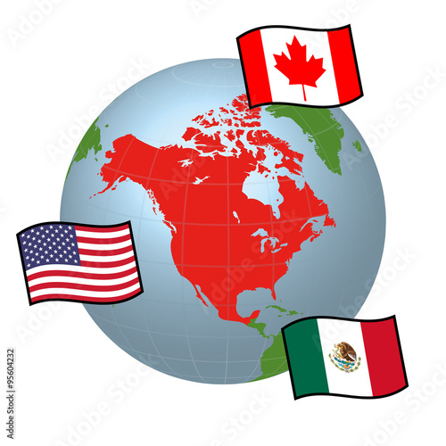 NAFTA (North American Free Trade Agreement) and national flags of Canada, Mexico, USA, vector illustration
