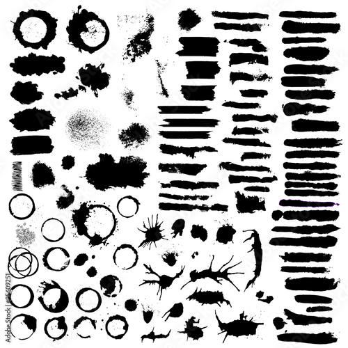 megapack of grunge elements for your design and creation of brushes, vector shapes set black splash strokes photo