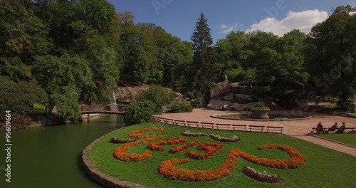 Aerial filming in picturesque and romantic dendrological park photo