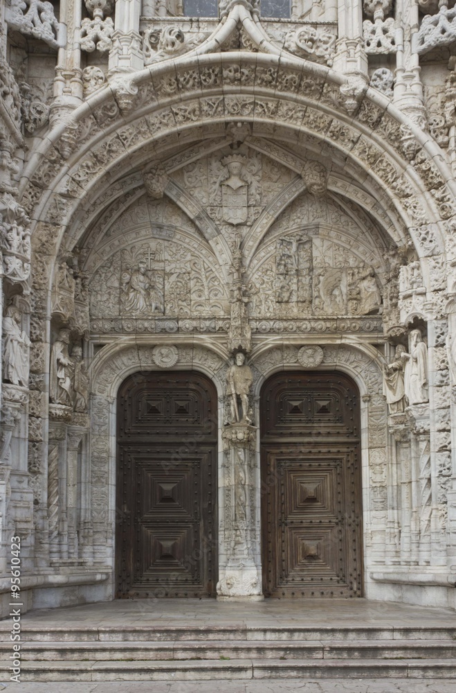 Close up of the ornate Manueline south portal of Jeronimos Monastery in Lisbon