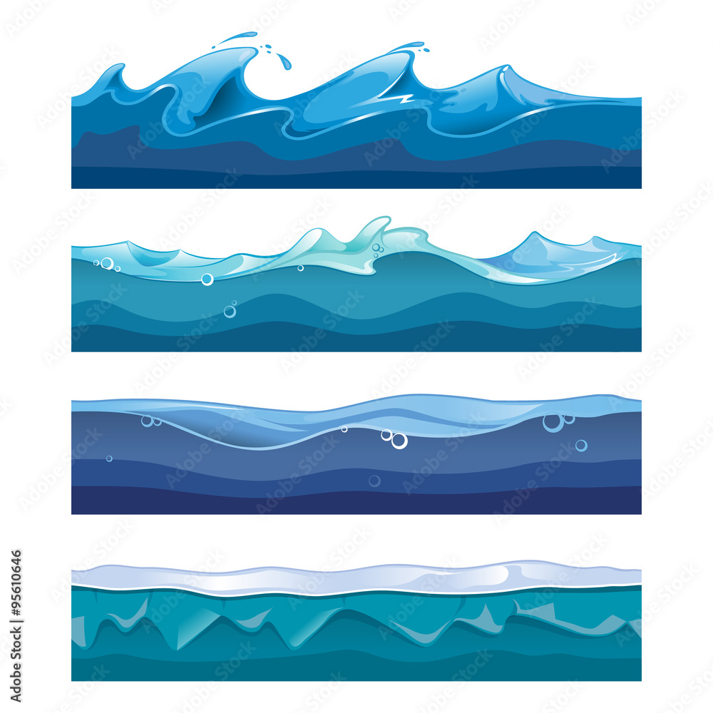 Seamless ocean, sea, water waves vector backgrounds set for ui game in  cartoon design style Stock Vector | Adobe Stock