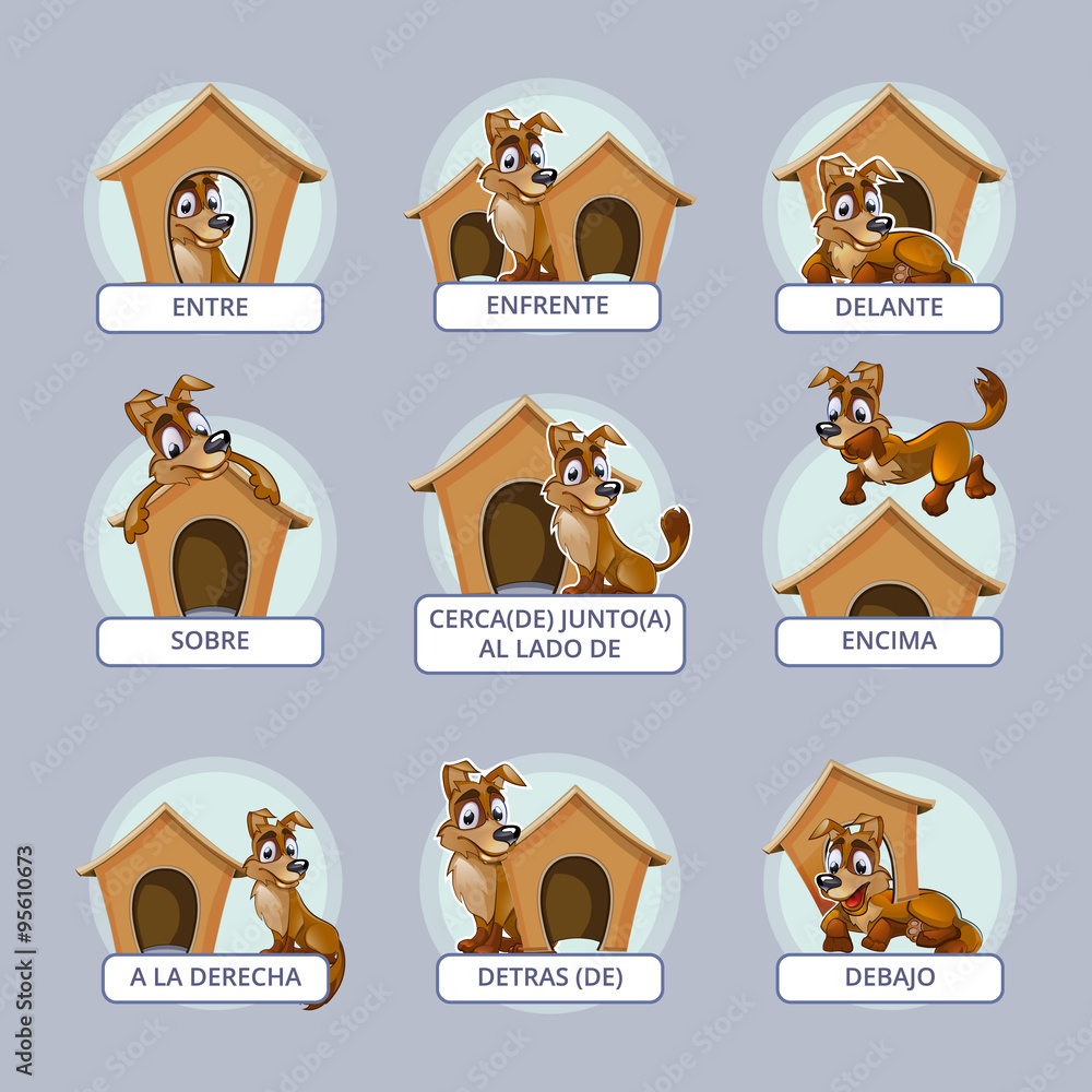 Cartoon dog in different poses to illustrate Spanish prepositions of