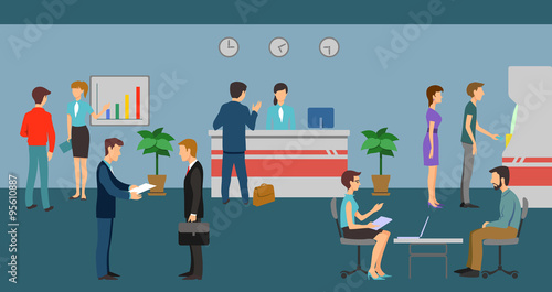 Bank staff and clients in office interior. Vector finance management concept background flat design style