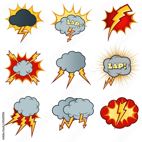 Lightning icons vector set in cartoon comic style