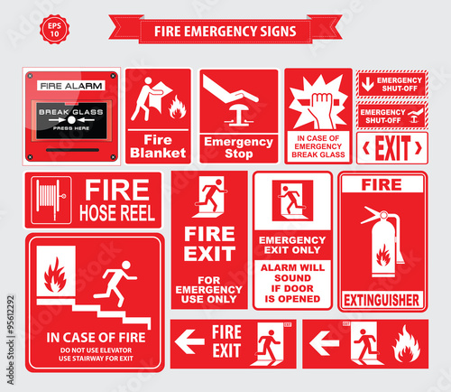 Fire Emergency signs (emergency shut-off, break glass, alarm sound, hose reel, fire alarm)