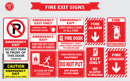 Set of emergency exit Sign (fire exit, emergency exit, fire extinguisher, fire door, do not park in front door).