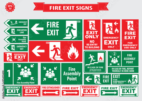 Set of emergency exit Sign (fire exit, emergency exit, fire assembly point, evacuation lane, Fire Extinguisher, For Emergency use only, no re-entry to building).