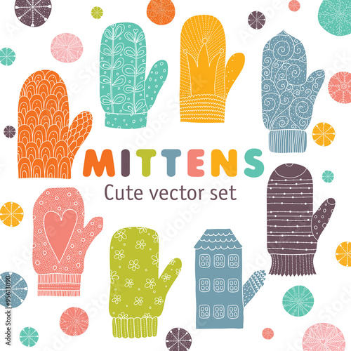 Winter postcard with mittens and snowflakes. Vector.