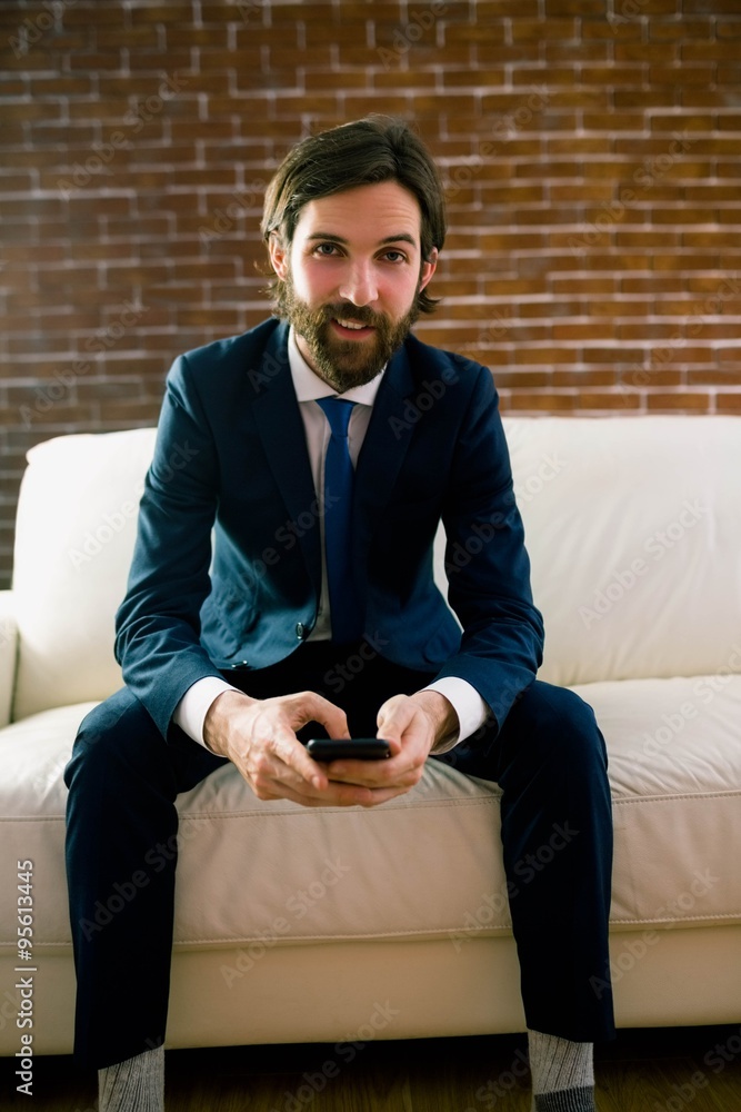 Businessman texting on the couch Businessman texting on the couch