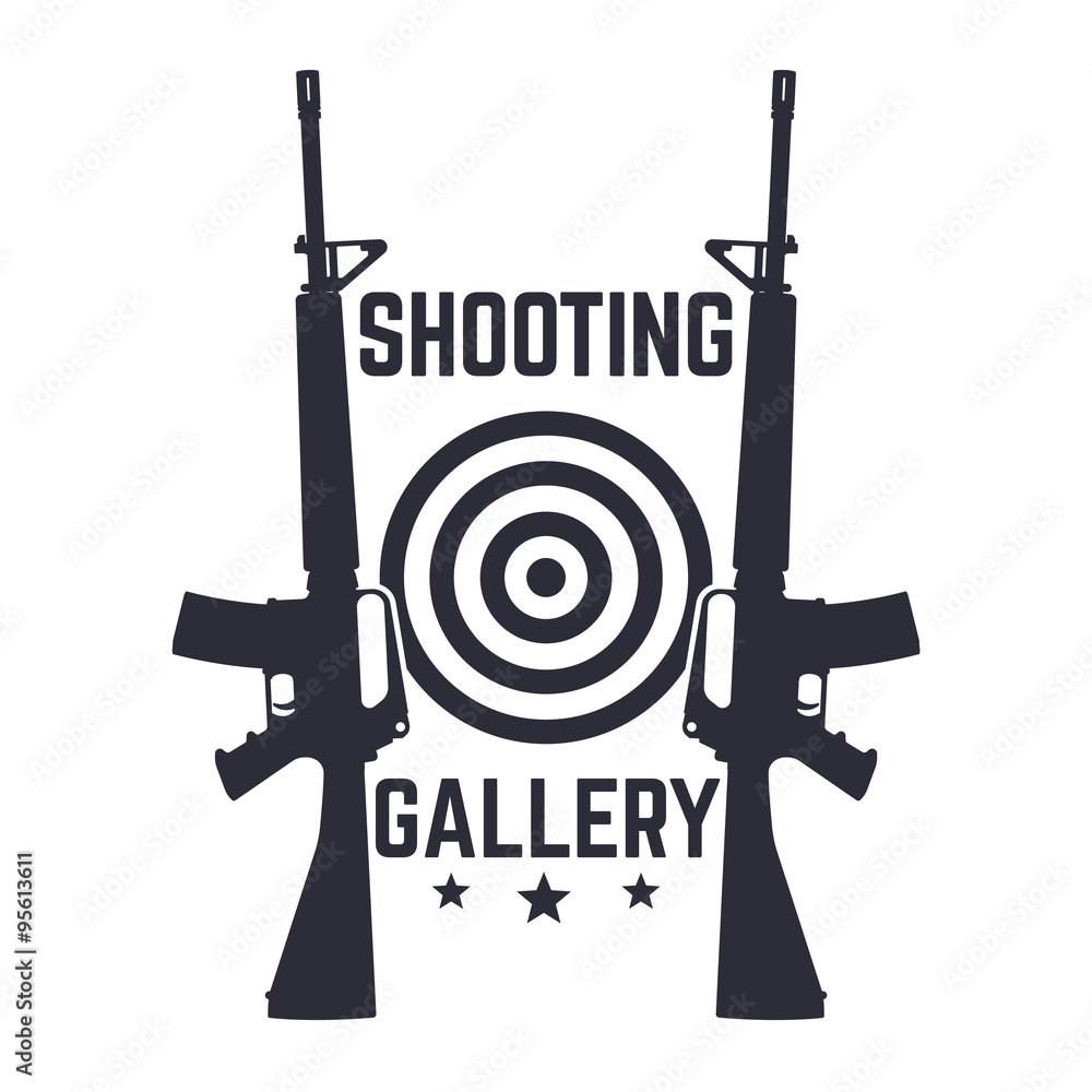Shooting Gallery logo, sign with assault rifles over white, vector