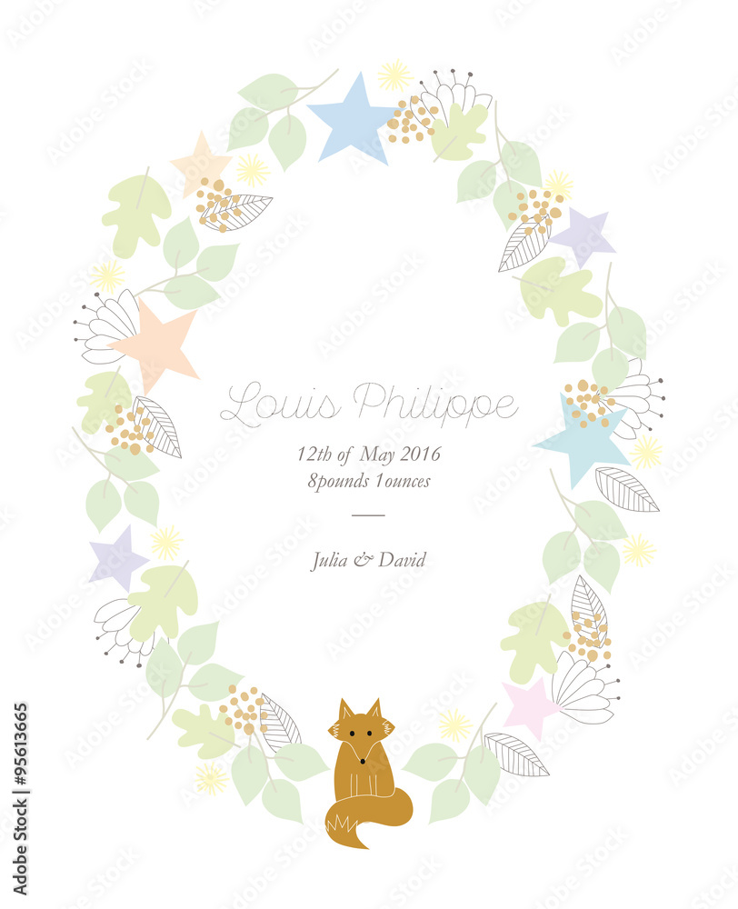 Obraz premium Baby announcement card with a hand drawn fox and flowers. Vector design.