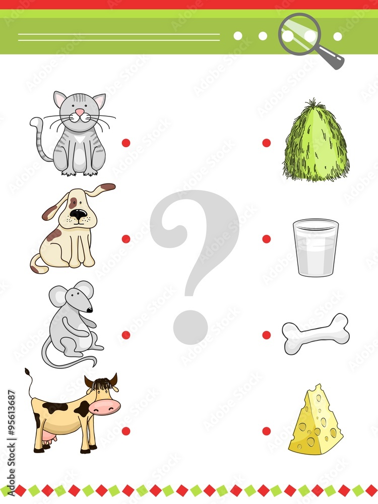 Matching game for preschool children book. Cartoon vector animals and their  food Stock Vector | Adobe Stock
