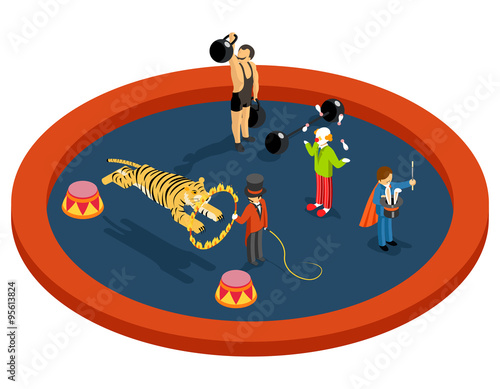 Isometric 3d circus characters. Animal trainer with athlete, magician and clown