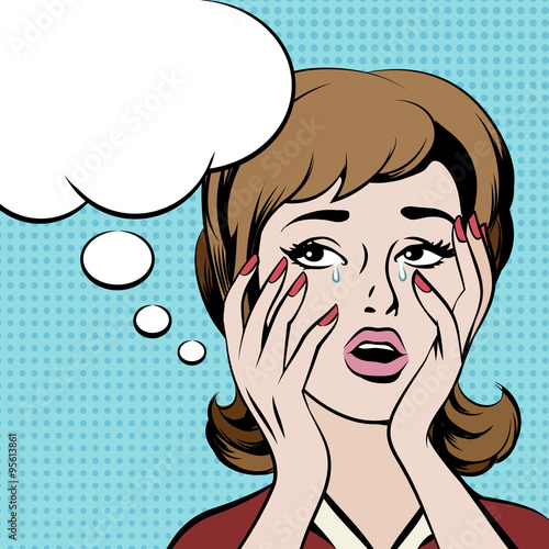 Crying frustrated woman with empty speech bubble. Vector illustration