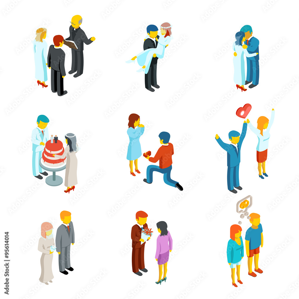 Isometric 3d relationship and wedding people icons