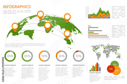 World map 3D with set of infographics elements