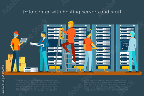 Data center with hosting servers and staff
