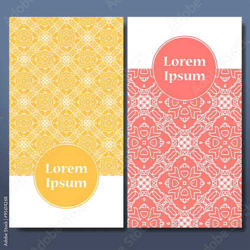 Abstract template set of cards. Frame pattern invitation with place for text. Lace ornament, mandala. Arabic, Islam design elements. Vector illustration