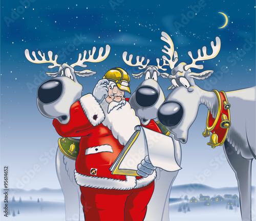 Santa Claus reading a list with reindeer and wearing a protective glove
