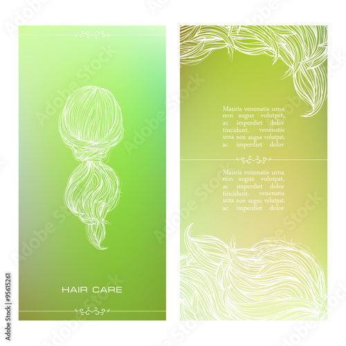 Vector illustration of beautiful female hairstyle. View from the back. Colorful blurred background. Collected hair in a stylish ponytail.