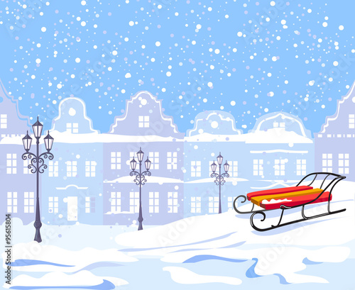 Vintage winter city and sled