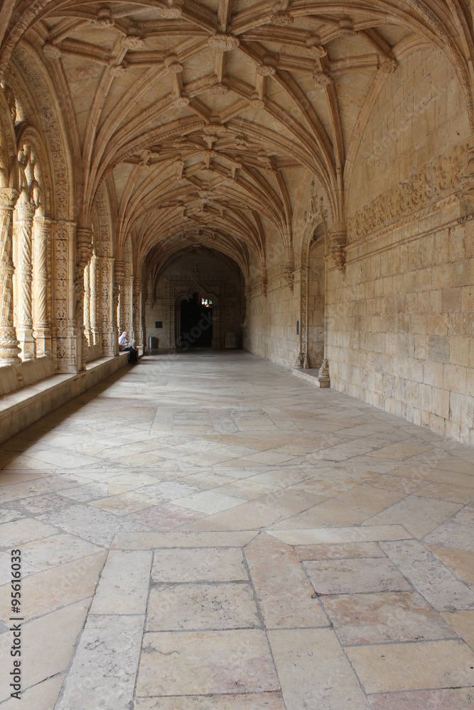 Hallway of the Jeronimos Monastery in Belem quartier of Lisbon, Portugal