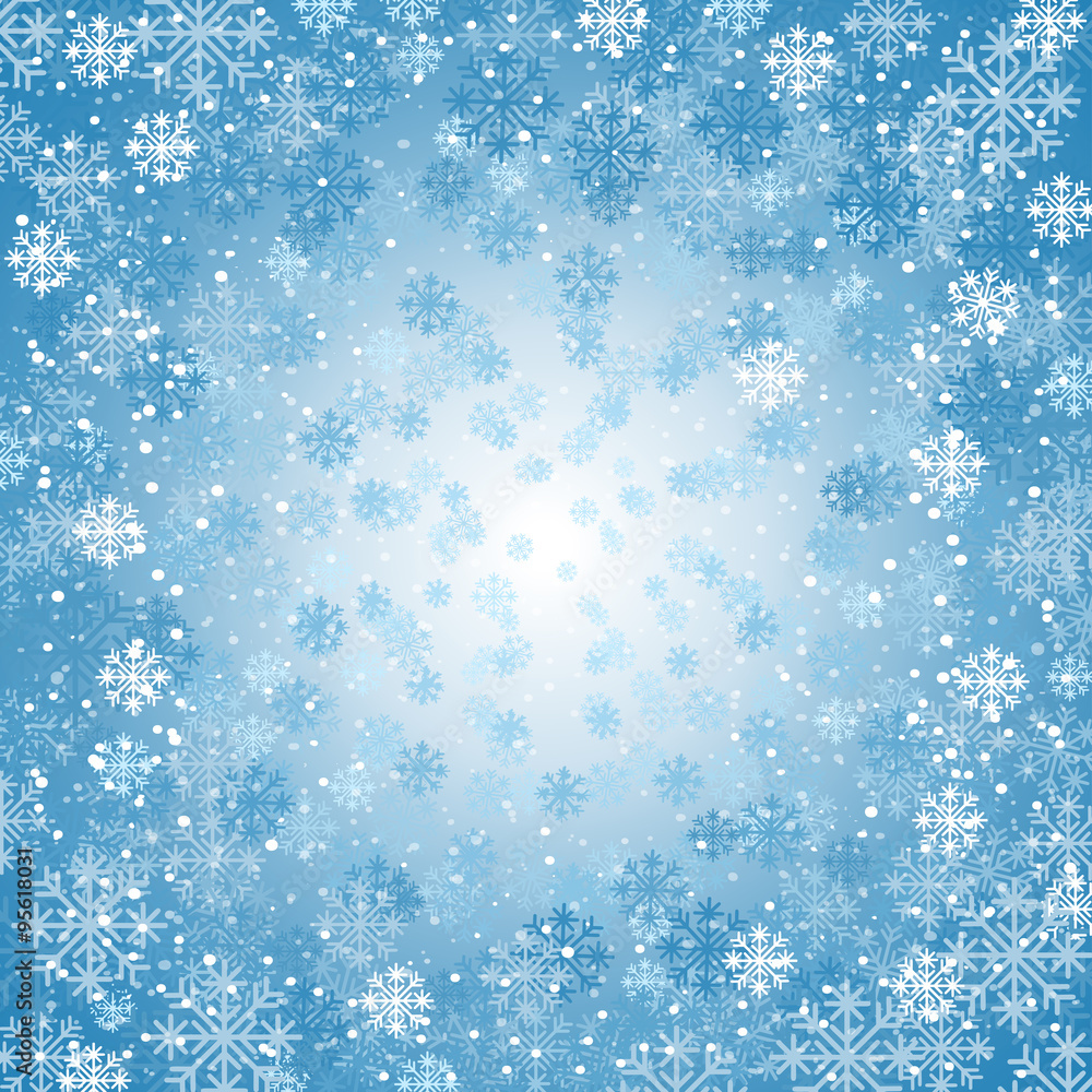 Winter background with blizzard of snowflakes. Design element for Christmas and New Year. Vector illustration.