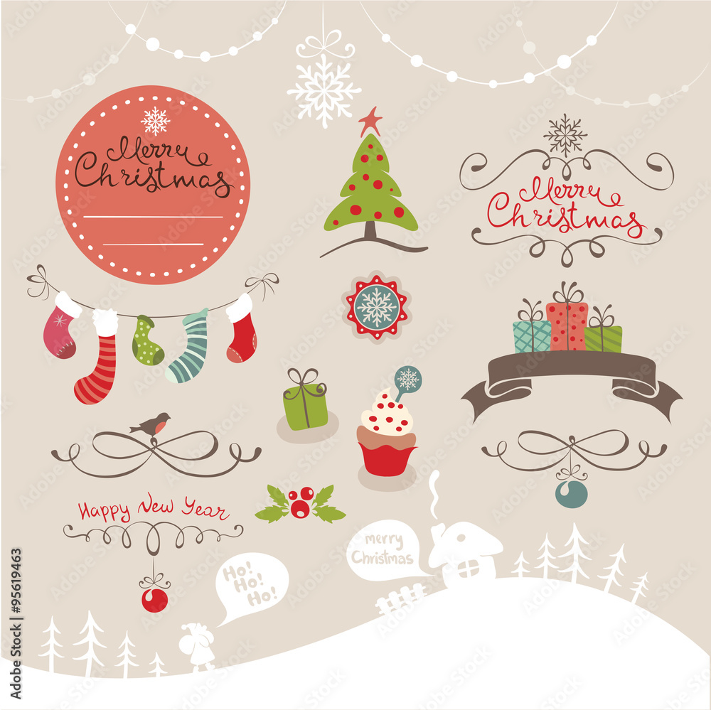 Set funny design elements for Christmas and New year