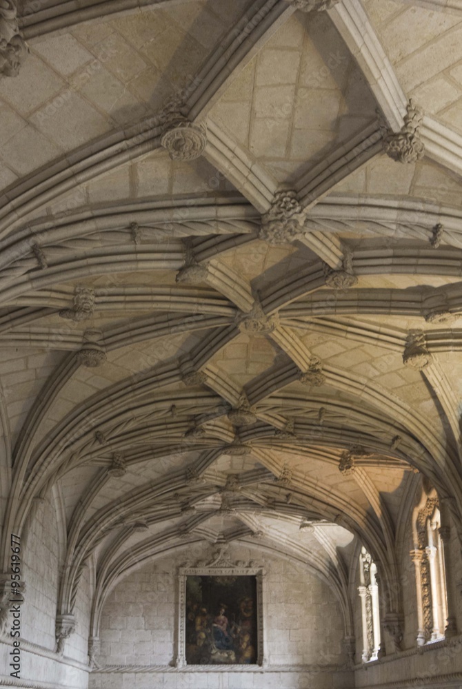 Room interiors of Jeronimos monastery in Lisbon, with vaulted ceiling