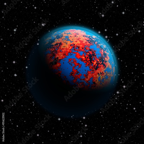 Fototapeta Naklejka Na Ścianę i Meble -  Abstract future planet Earth with blue atmosphere and burning red continents. Full HD video also available.