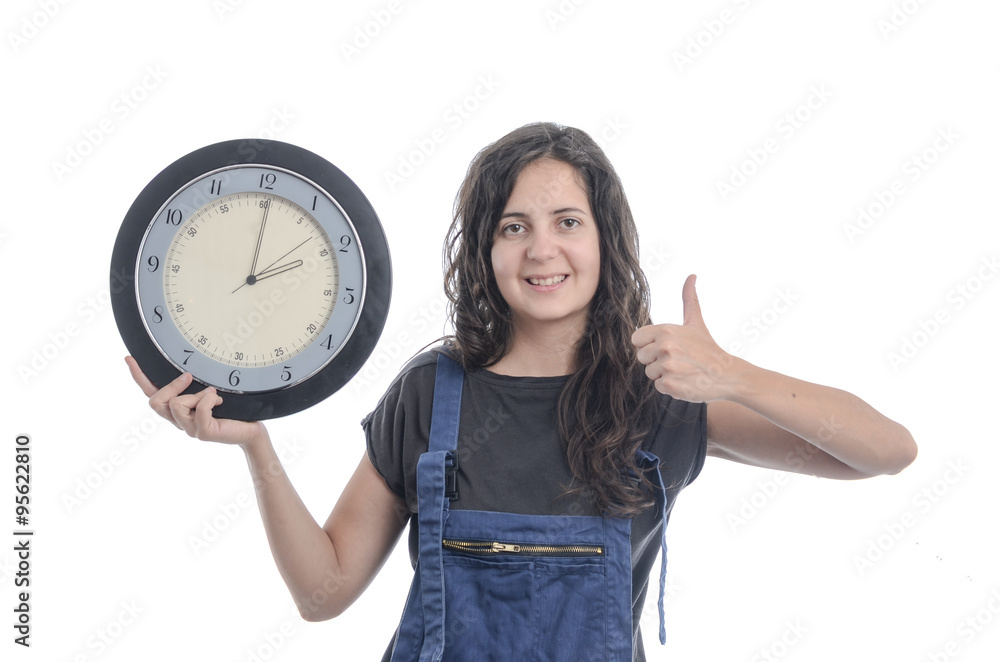 Happy woman holding a clock over white background. Happy woman holding a clock over white background.