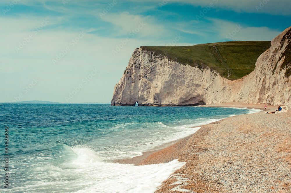 Fototapeta premium A view of chalk cliffs on the Jurassic Coast, Dorset