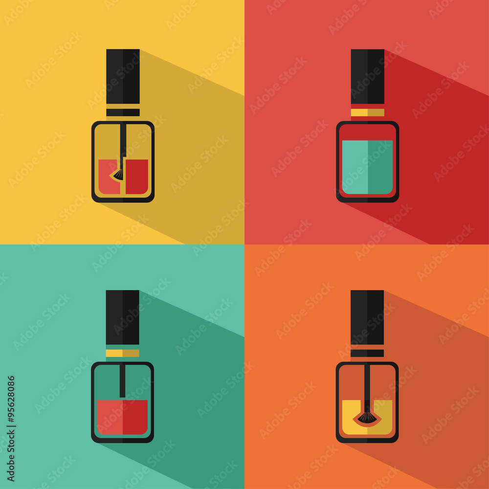 Vector stylish flat icons set of nail polish bottle with brush of beauty, makeup and cosmetics with long shadow. Vector stylish flat icons set of nail polish bottle with brush of beauty, makeup and cosmetics with long shadow.
