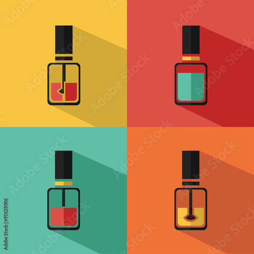 Vector stylish flat icons set of nail polish bottle with brush of beauty  makeup and cosmetics with long shadow.