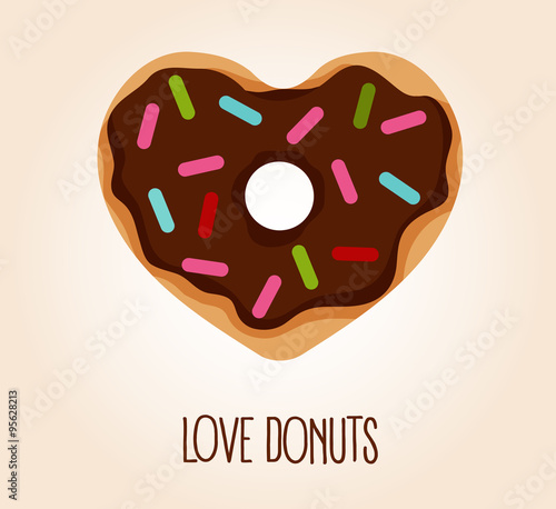 Vector flat style illustration of donut in heart shape with glaze and decorative sprinkles. Logo concept, top view. Love donuts.
