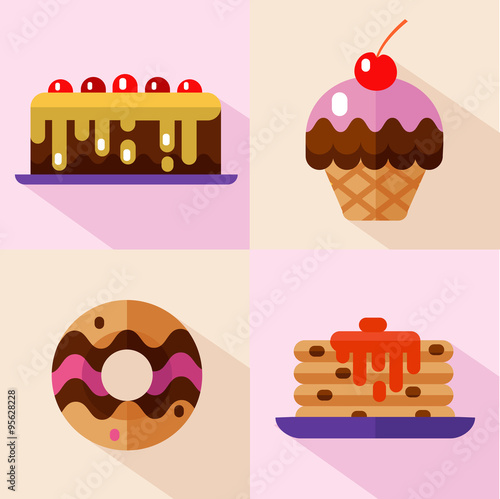 Vector flat style icons set of dessert. Cake with cream, donut with glaze and decorative sprinkles, pancakes with syrup, and muffins with cherry. Fast food.