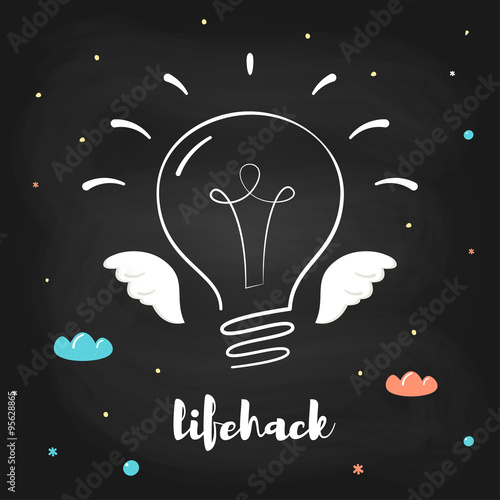 Flying Light Bulb on Chalkboard Background. Lifehack Sign