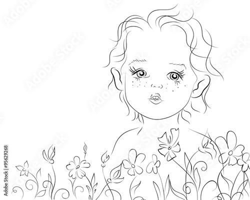 little kid sketch, flowers, vector illustration