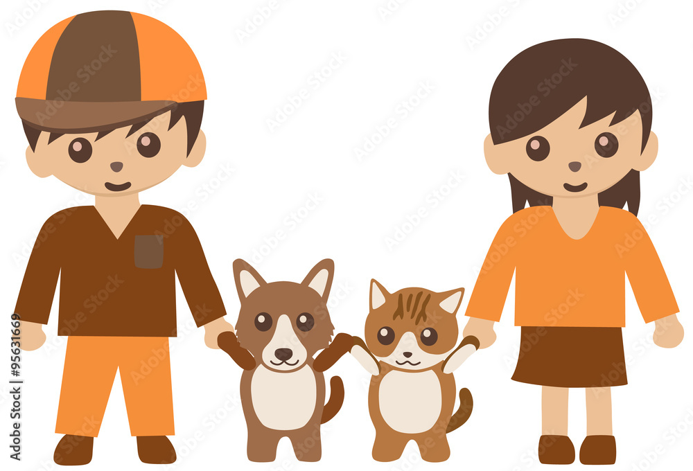 男の子と女の子と犬と猫