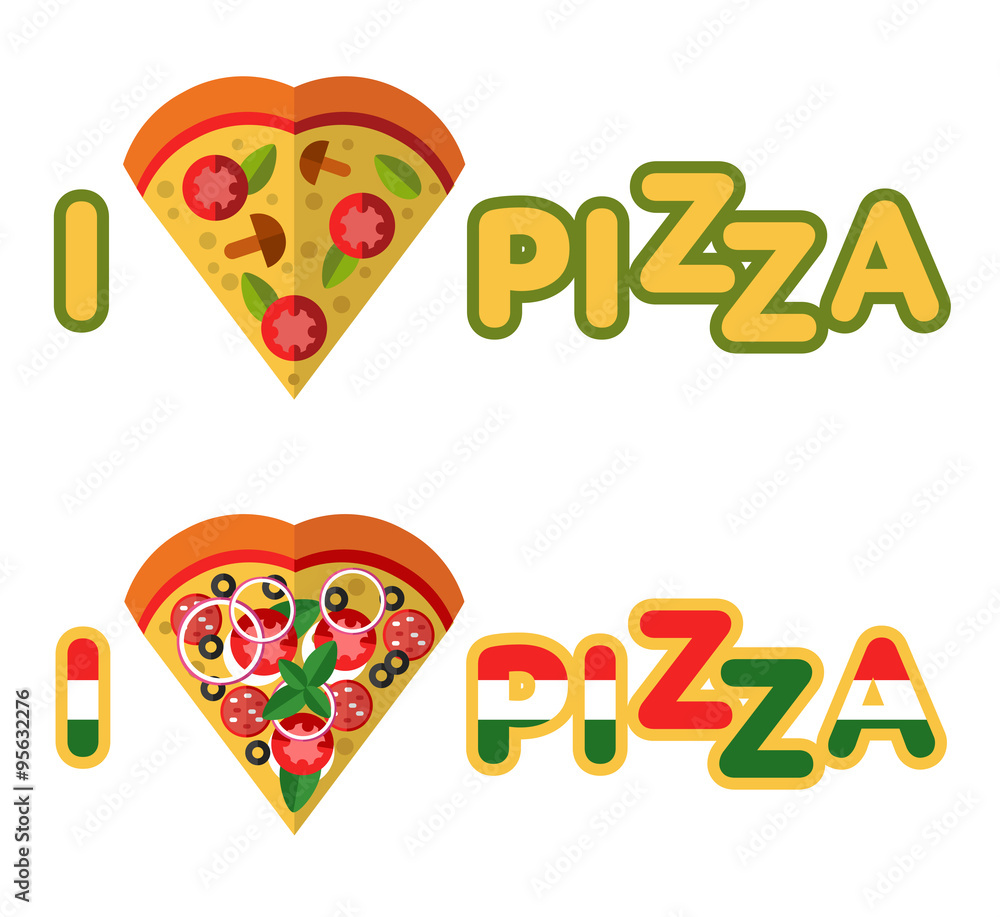 Vector Flat Pizza's Icons In Heart Shape Top View. Logo Concept. Love 