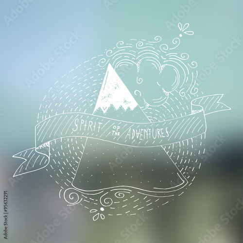 Hand Drawn Spirit of Adventure Logo or Eblem on Blurred Backgoud photo