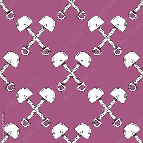 Hand Drawn Crossed Shovels Paper Cut Illustration Pattern on pur