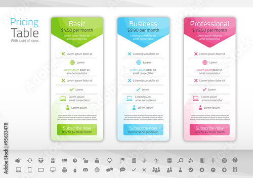 Light pricing table with 3 options. Icon set included