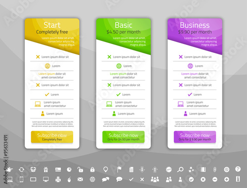 Light pricing table with 3 options. Icon set included