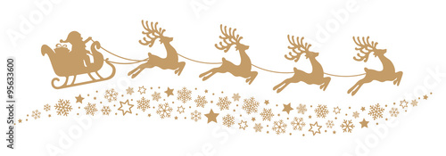 santa sleigh reindeer flying snowflakes gold silhouette
